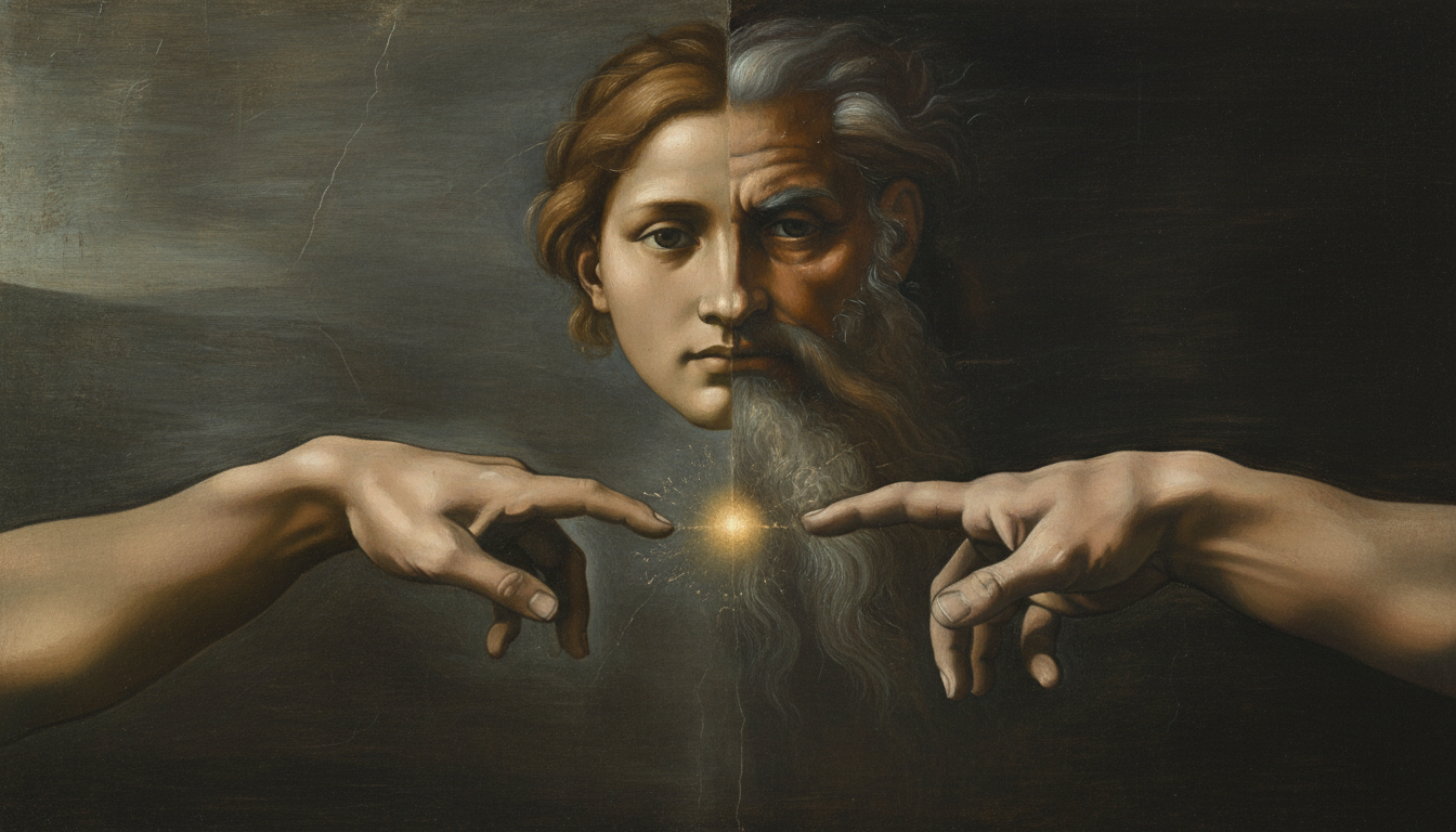Two faces merged on smoky glass - young Adam and ancient God superimposed as one, while two hands reach toward each other in the iconic Michelangelo gesture, fingertips almost touching at the glass surface with a golden glow between them