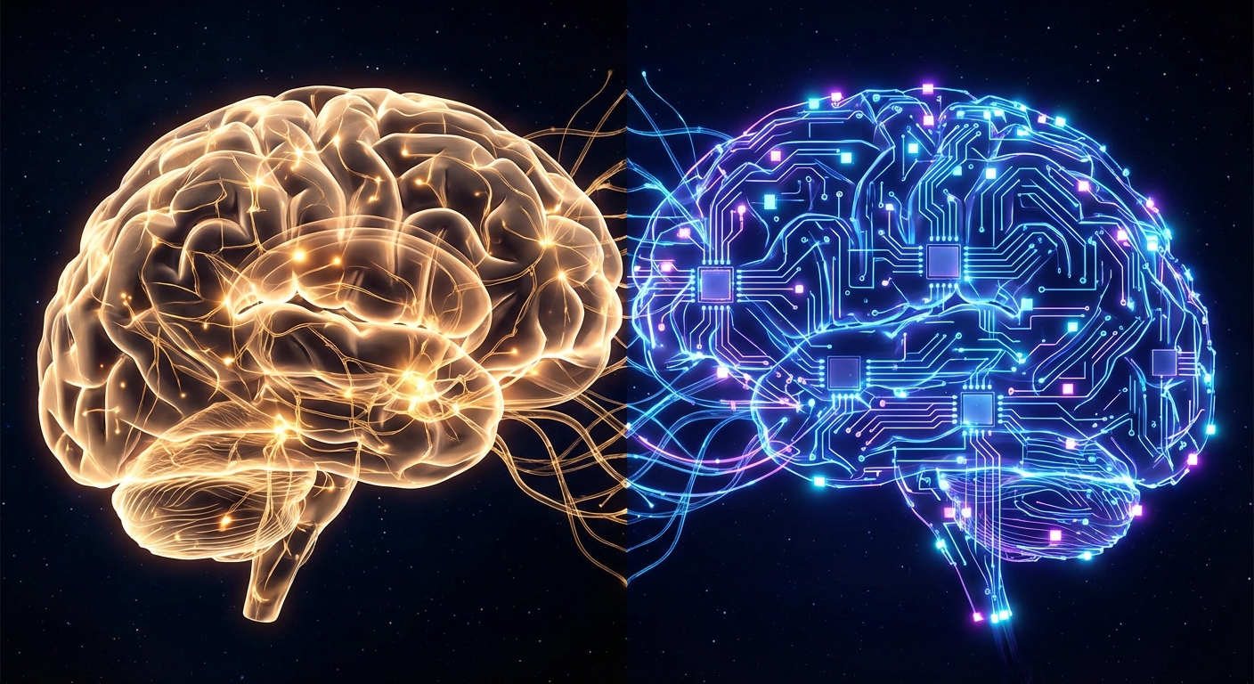 Split composition showing organic neurons on left in warm tones, digital neural network on right in cool tones, mirroring each other in the center