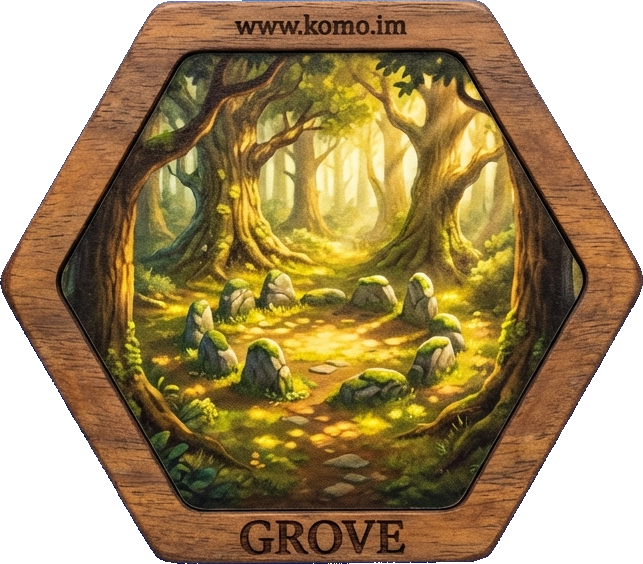 Hexagonal game tile with wooden frame showing a peaceful forest clearing with ancient trees, dappled sunlight, and moss-covered stones