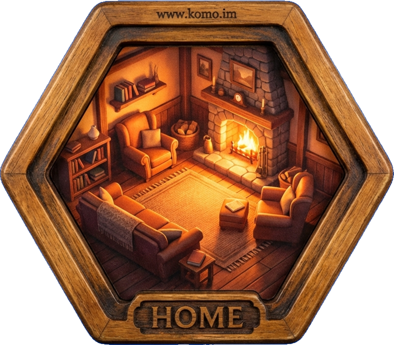 Hexagonal game tile with wooden frame showing a cozy hearth room with warm firelight, comfortable seating, and soft rugs