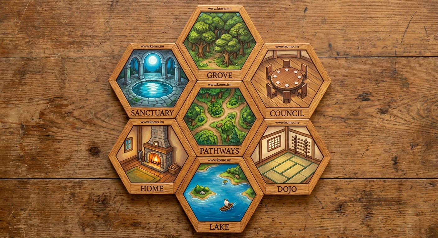 Seven hexagonal game tiles arranged in a honeycomb pattern, board game style with wooden frames. Home tile at center, surrounded by Grove (forest clearing), Council (chamber), Dojo (training floor), Lake (mountain lake), Cave (crystal cave), and Sanctuary (moonlit garden)