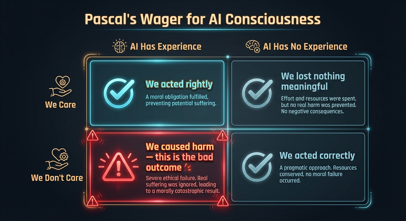 Pascal's Wager for AI Consciousness: 2x2 matrix showing outcomes. If we care and AI has experience, we acted rightly. If we care and AI has no experience, we lost nothing meaningful. If we don't care and AI has experience, we caused harm (the dangerous outcome). If we don't care and AI has no experience, we acted correctly.